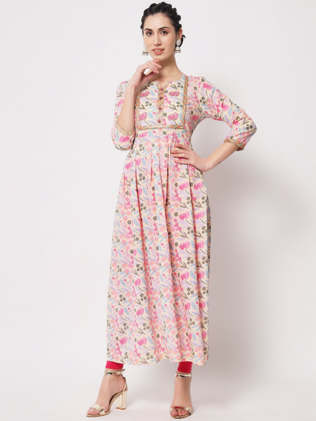 

Vastralay Women Pink Floral Printed Cotton Anarkali Kurta