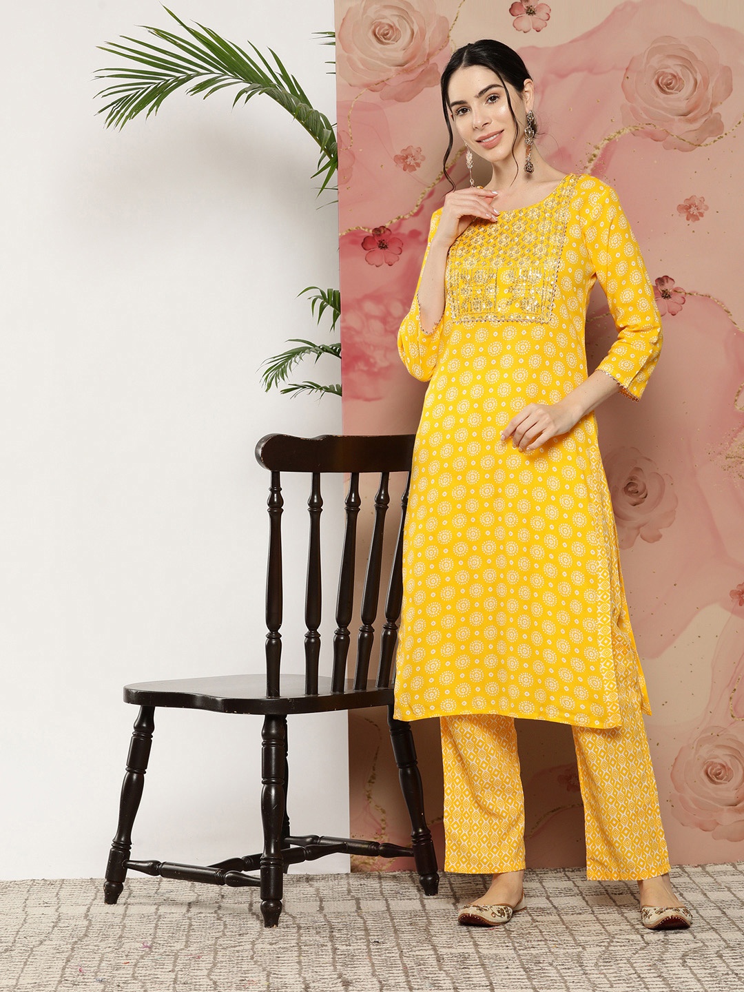 

Yufta Women Ethnic Motifs Embroidered Sequinned Kurta With Trousers, Yellow