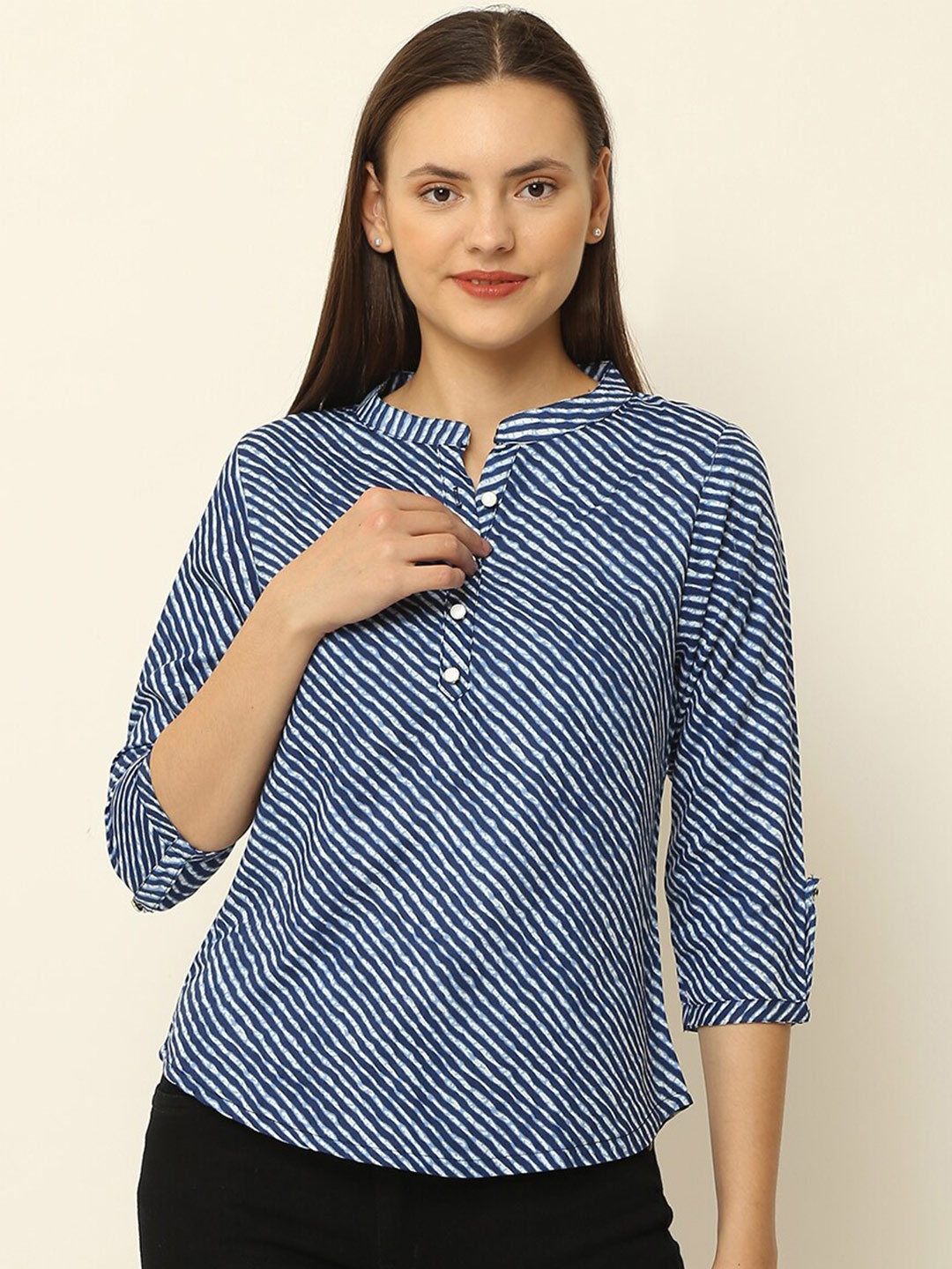 

Vastralay Leheriya Mandarin Collar Shirt Style Top, Blue