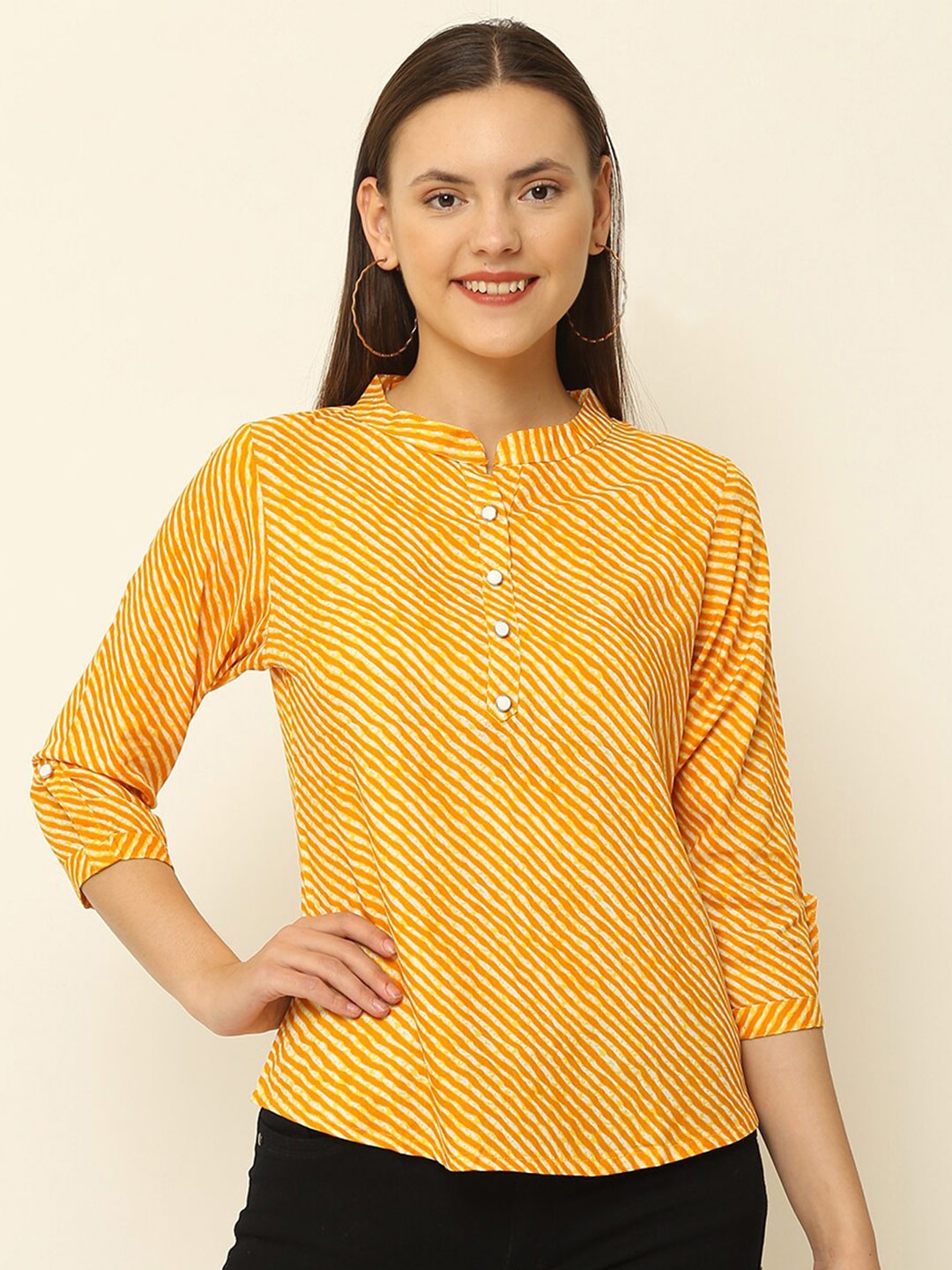 

Vastralay Print Mandarin Collar Roll-Up Sleeves Top, Yellow