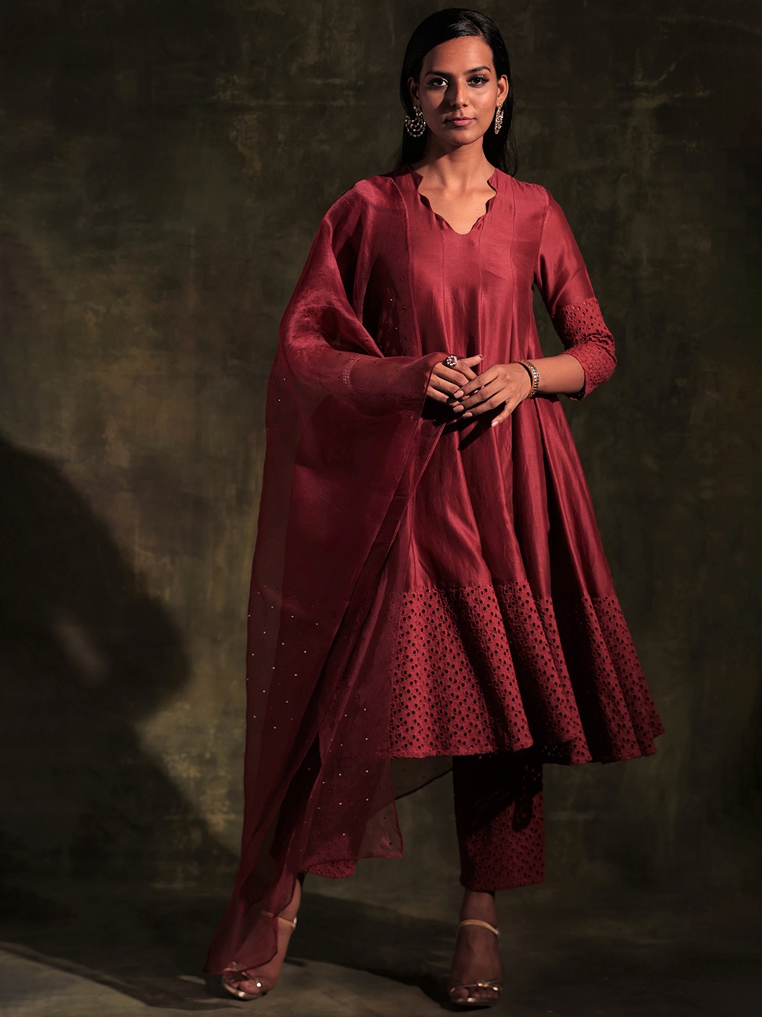 

charkhee V-Neck Sequinned Anarkali Kurta With Trousers & Dupatta, Rust