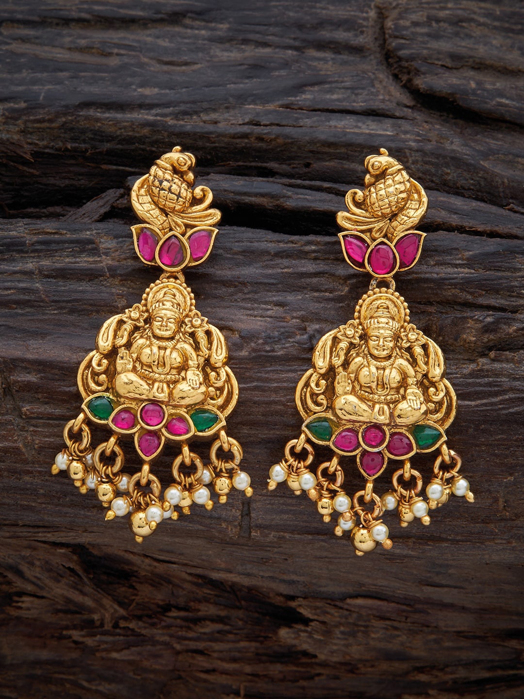 

Kushal's Fashion Jewellery Gold Plated Temple Classic Stone Studded Jhumkas Earrings, Green