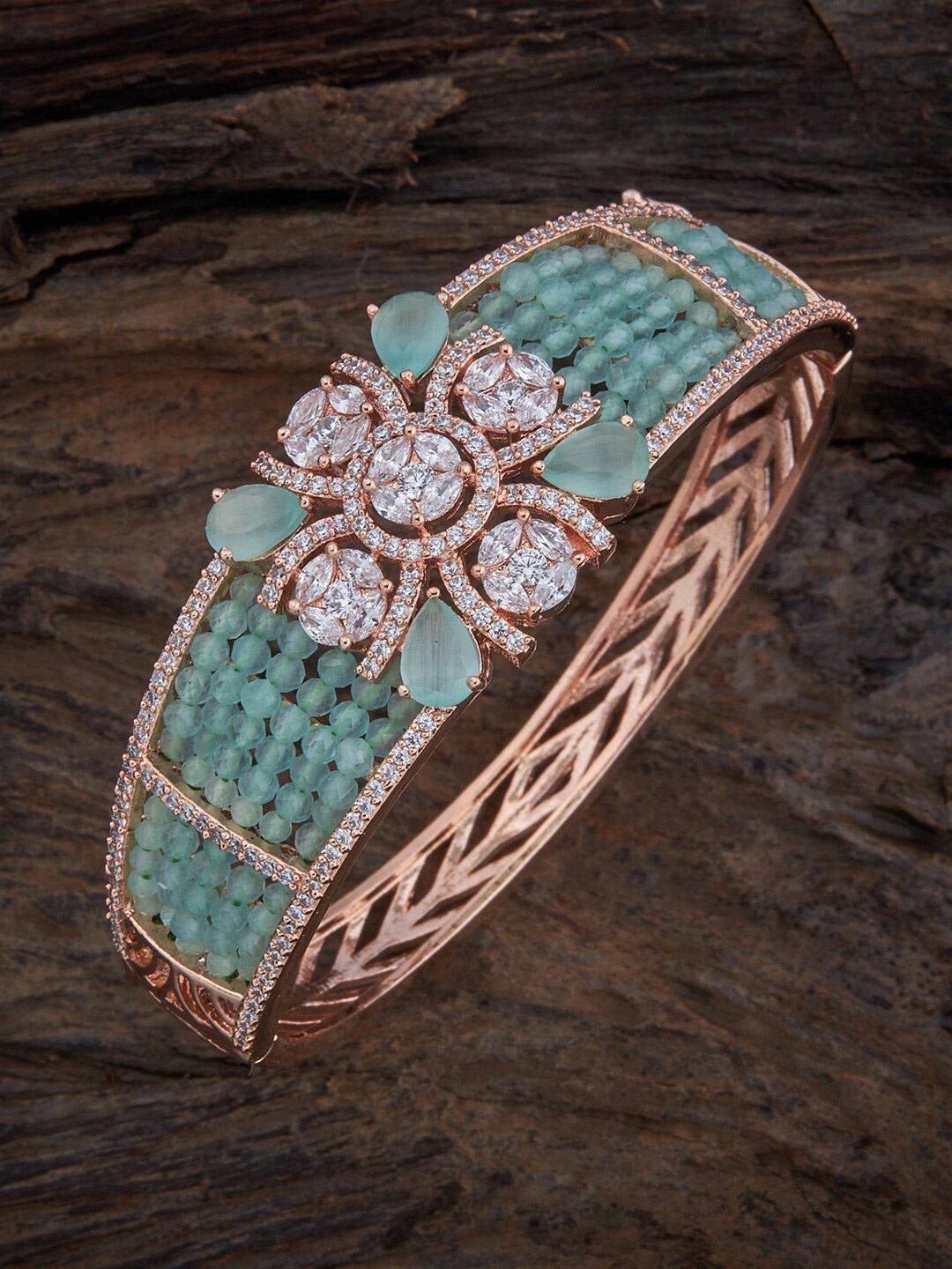 

Kushal's Fashion Jewellery Women Rose Gold-Plated Cubic Zirconia Kada Bracelet, Sea green