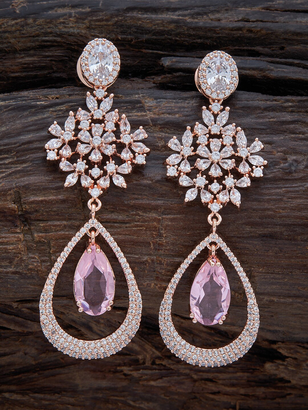 

Kushal's Fashion Jewellery Rose-Gold Plated Cubic Zirconia Teardrop Shaped Drop Earrings, Pink