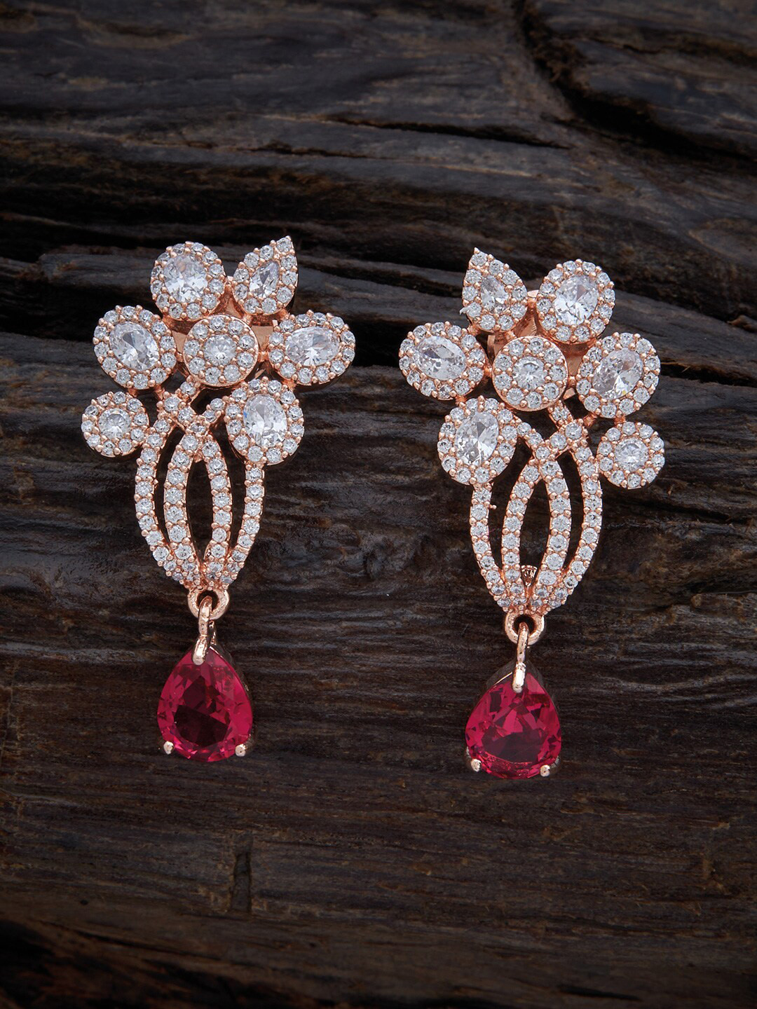 

Kushal's Fashion Jewellery Rose-Gold Plated Floral CZ Drop Earrings, Red