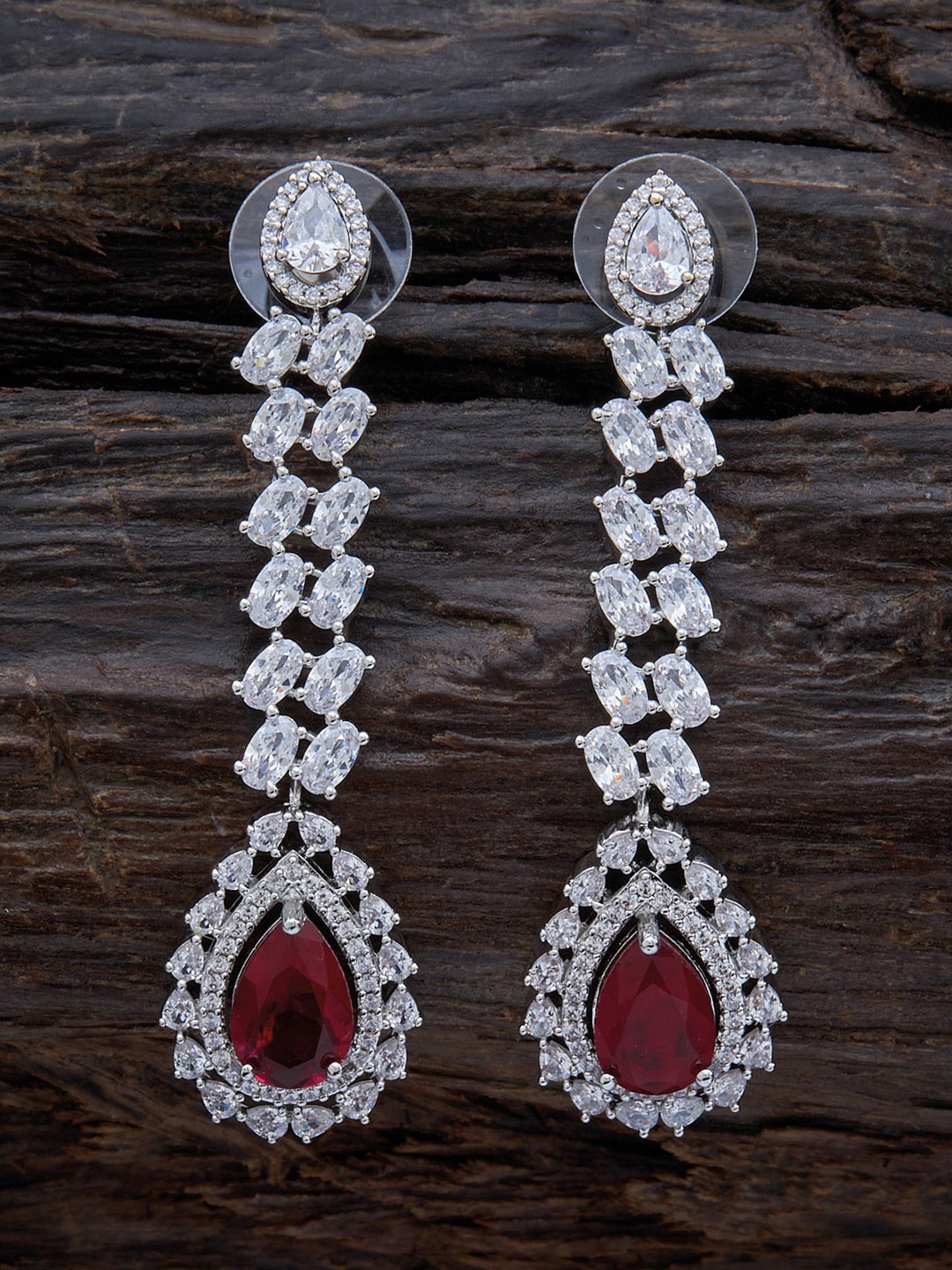 

Kushal's Fashion Jewellery Rhodium-Plated Teardrop Shaped Cubic Zirconia Drop Earrings, Red