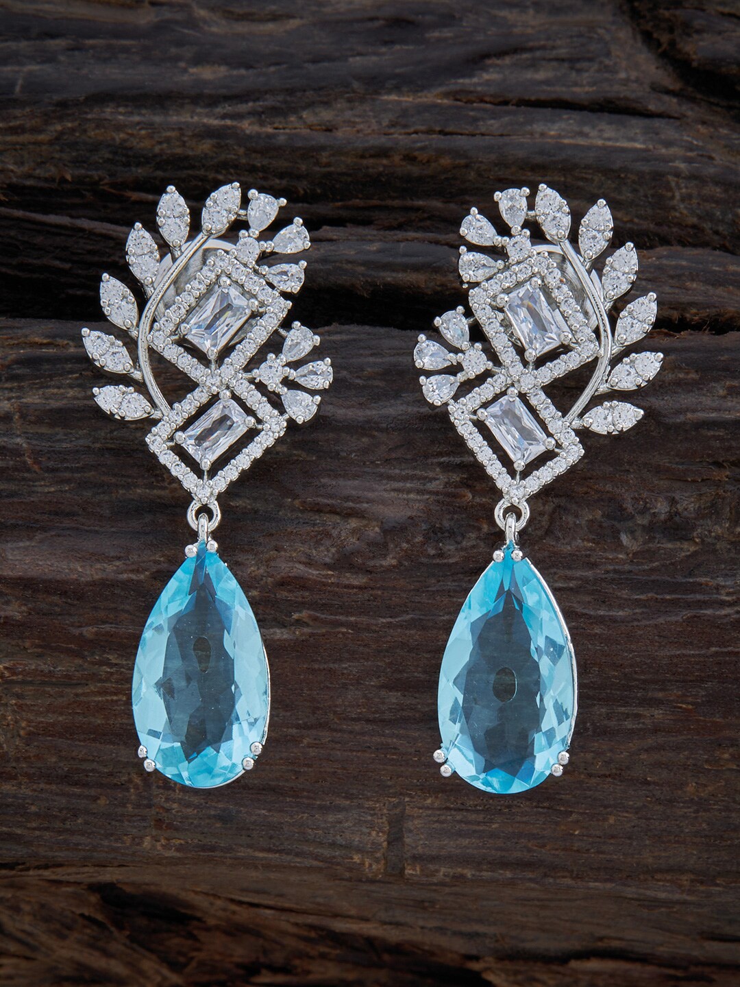 

Kushal's Fashion Jewellery Rhodium-Plated Teardrop Shaped Cubic Zirconia Drop Earrings, Blue
