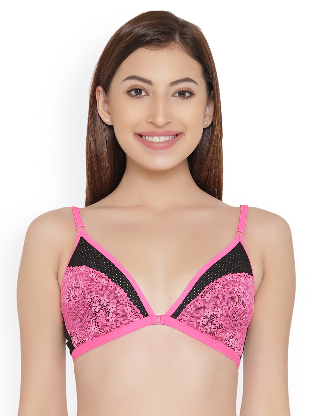 

Clovia Pink Solid Underwired Lightly Padded Plunge Bra with Lace Inserts BR1044P1440C