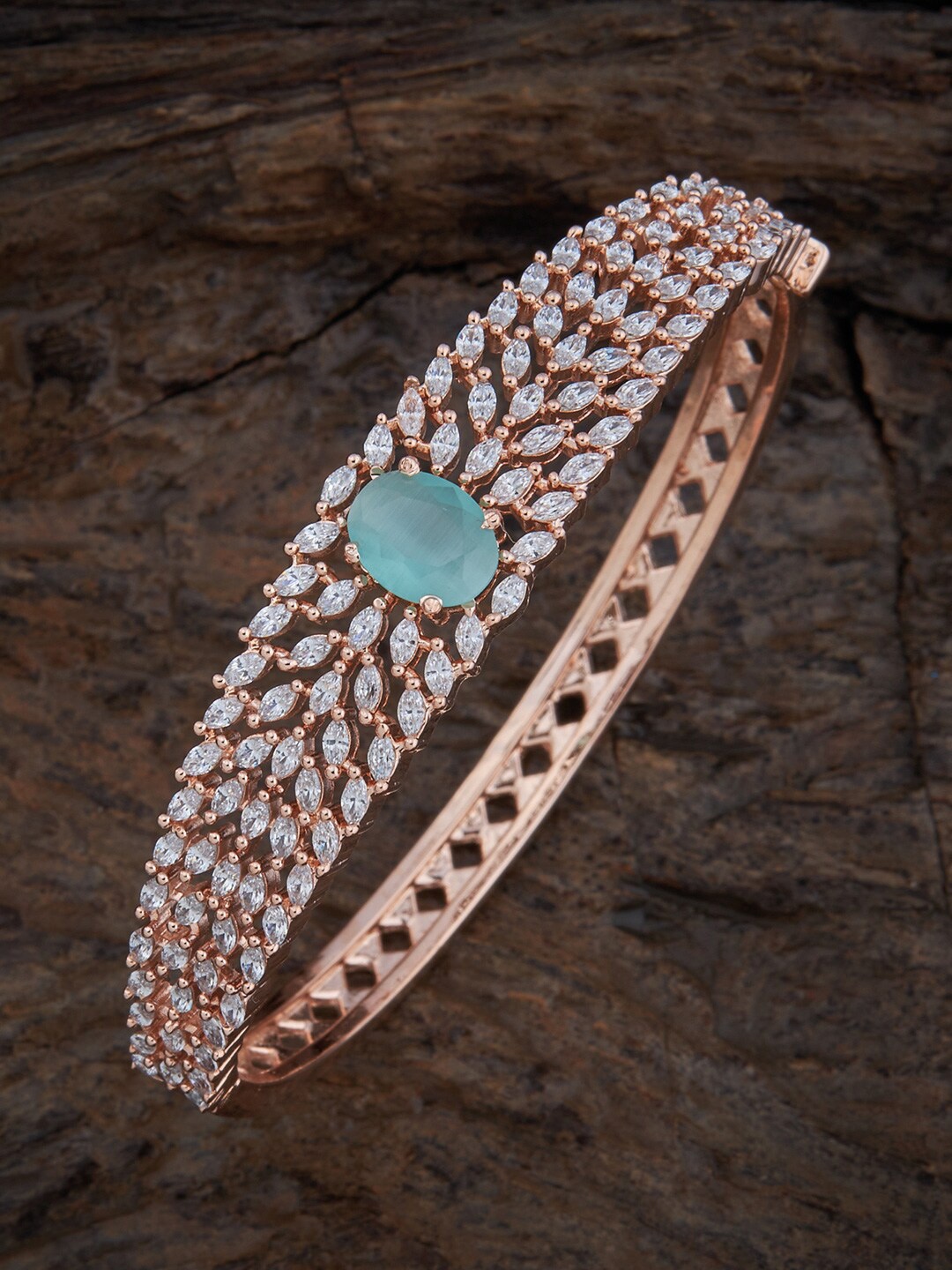 

Kushal's Fashion Jewellery Women Rose Gold-Plated Cubic Zirconia Kada Bracelet, Sea green