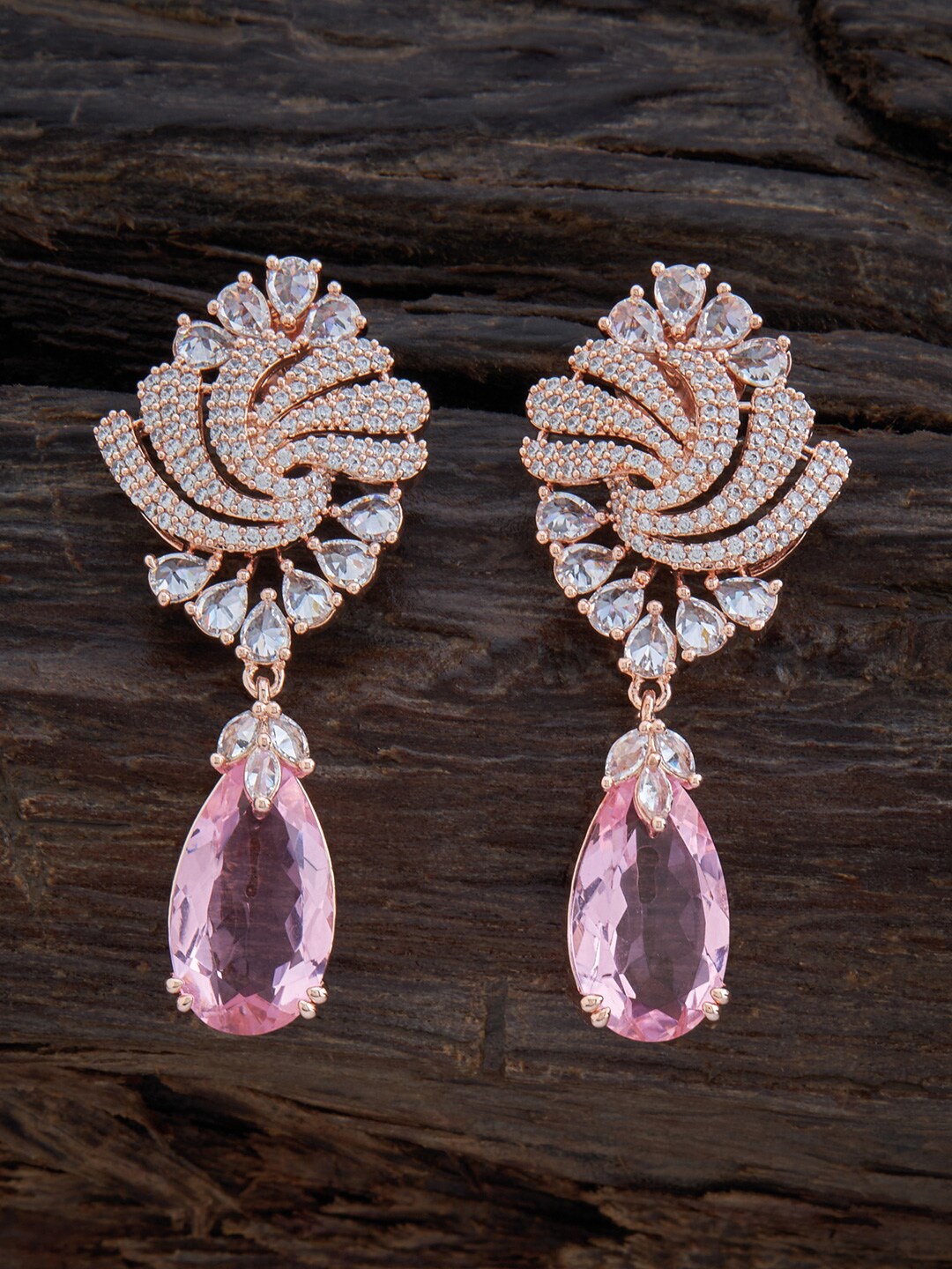 

Kushal's Fashion Jewellery Rose-Gold Plated Teardrop Shaped Drop Earrings, Pink