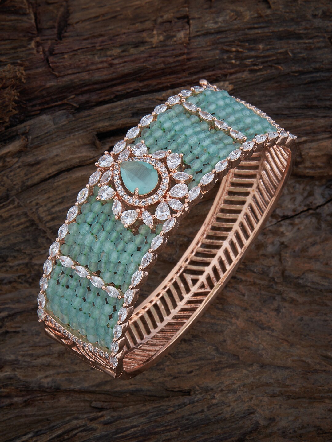 

Kushal's Fashion Jewellery Women Rose Gold-Plated Cubic Zirconia Kada Bracelet, Sea green
