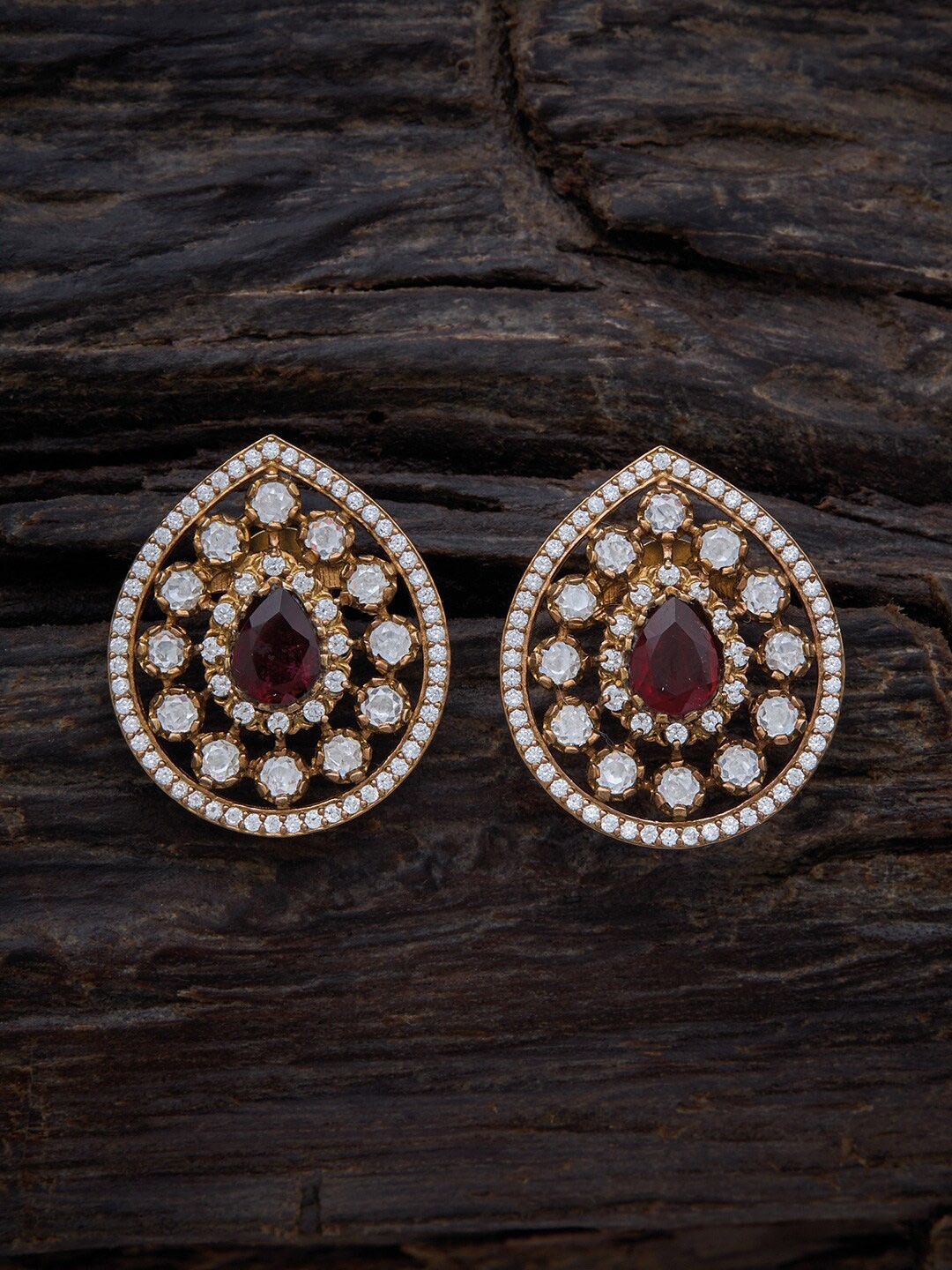 

Kushal's Fashion Jewellery 92.5 Pure Silver Gold-Plated Teardrop Shaped Studs Earrings, Red