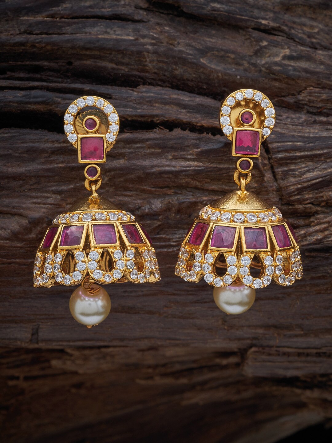 

Kushal's Fashion Jewellery Gold-Plated Dome Shaped Jhumkas Earrings, Red