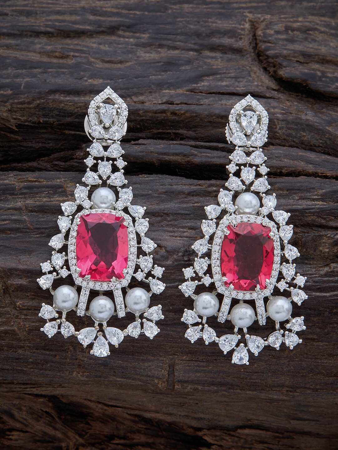 

Kushal's Fashion Jewellery Rhodium-Plated Floral Drop Earrings, Red