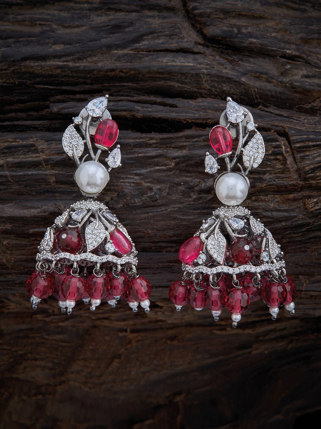 

Kushal's Fashion Jewellery Floral Rhodium-Plated Jhumkas Earrings, Red