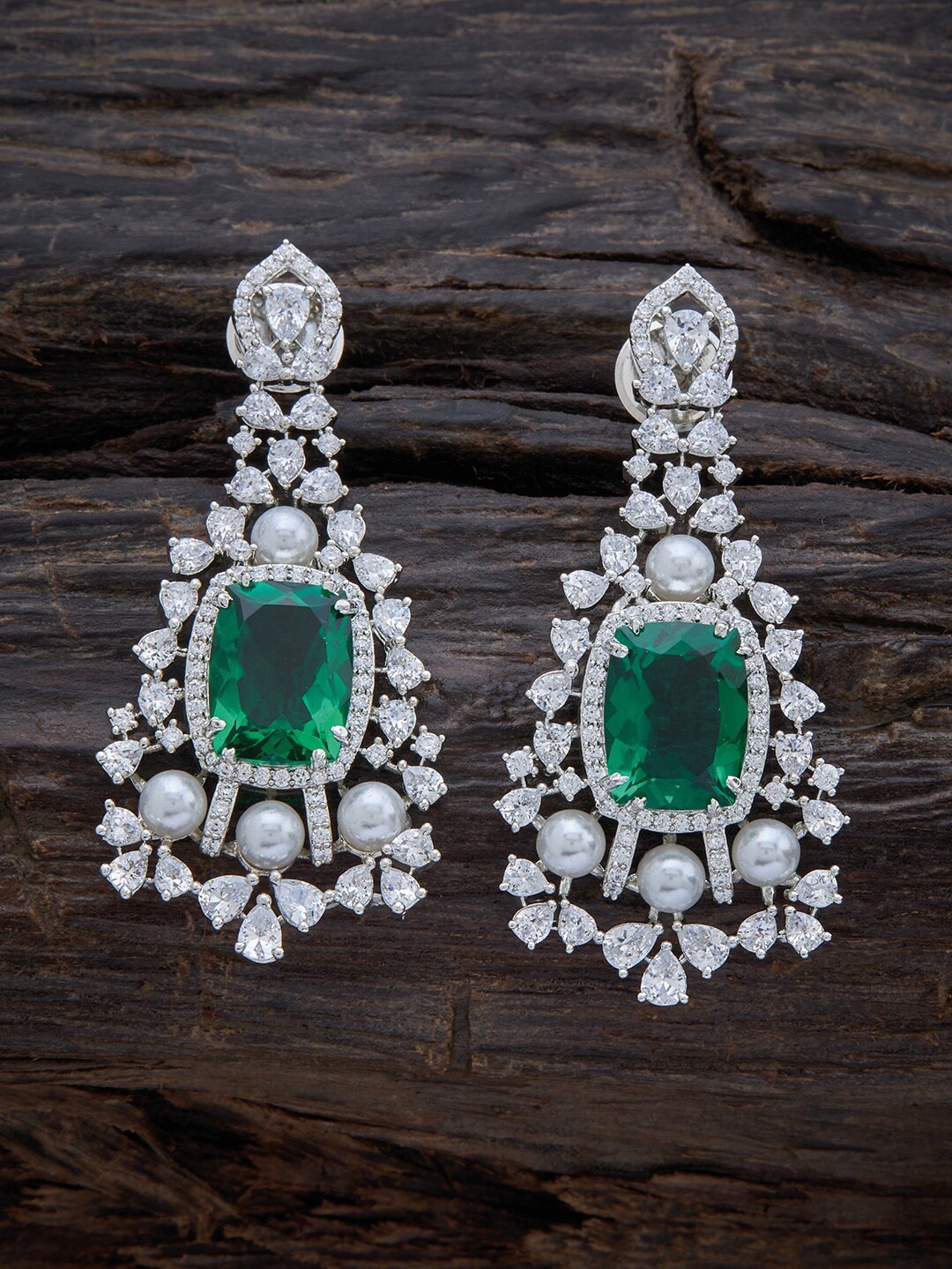 

Kushal's Fashion Jewellery Green Floral Rhodium Plated Drop Earrings