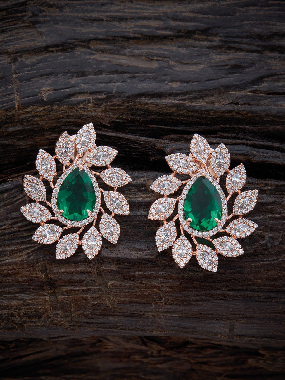 

Kushal's Fashion Jewellery Teardrop Shaped Rose-Gold Plated Studs Earrings, Green