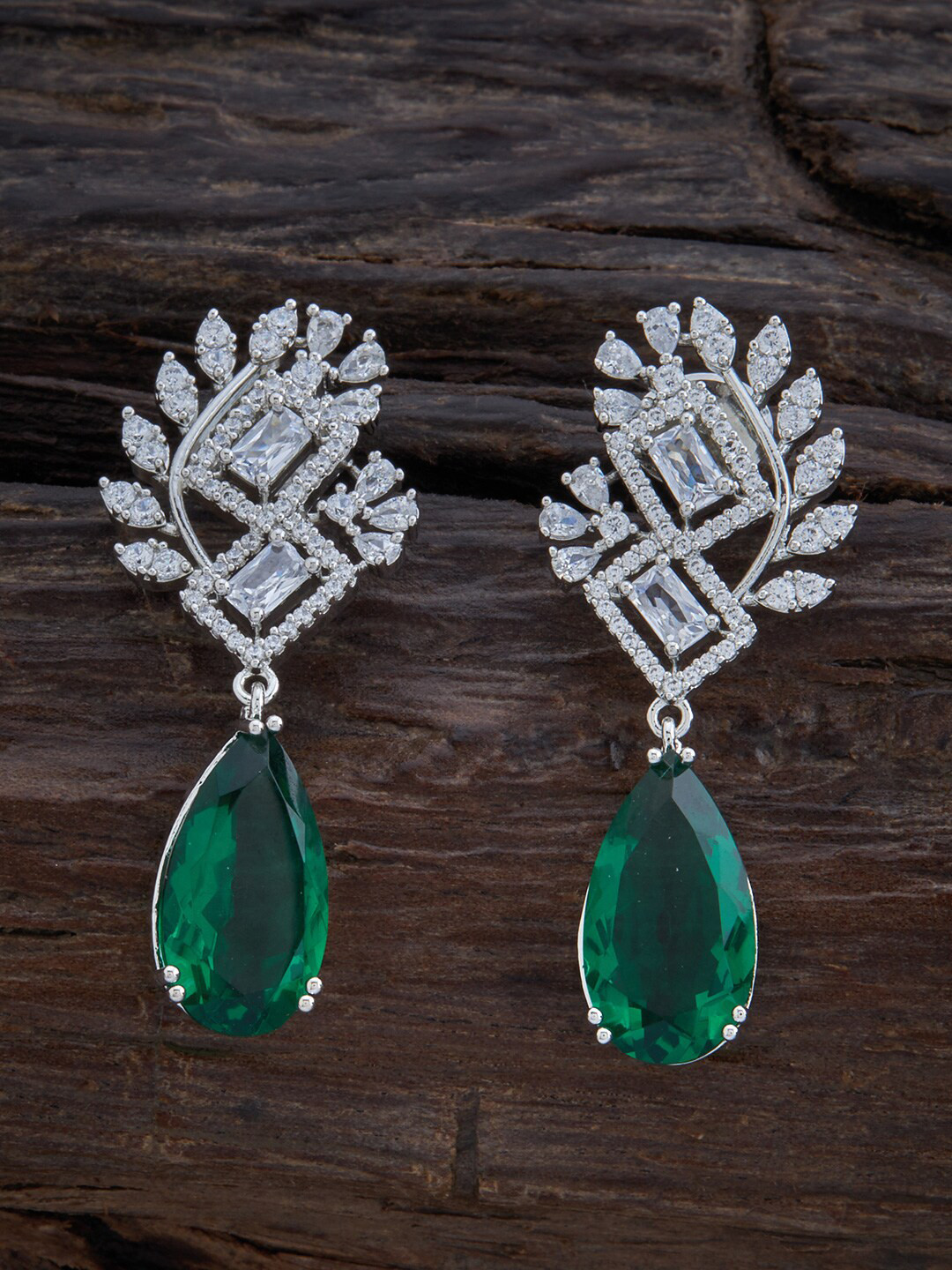 

Kushal's Fashion Jewellery Rhodium-Plated Teardrop Shaped Drop Earrings, Green