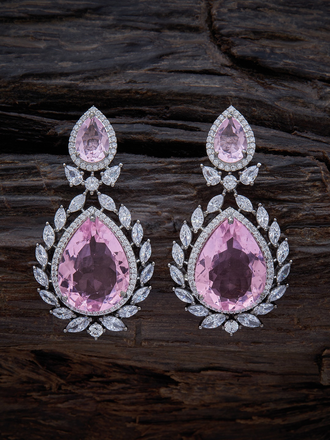 

Kushal's Fashion Jewellery Rhodium-Plated Teardrop Shaped Drop Earrings, Pink