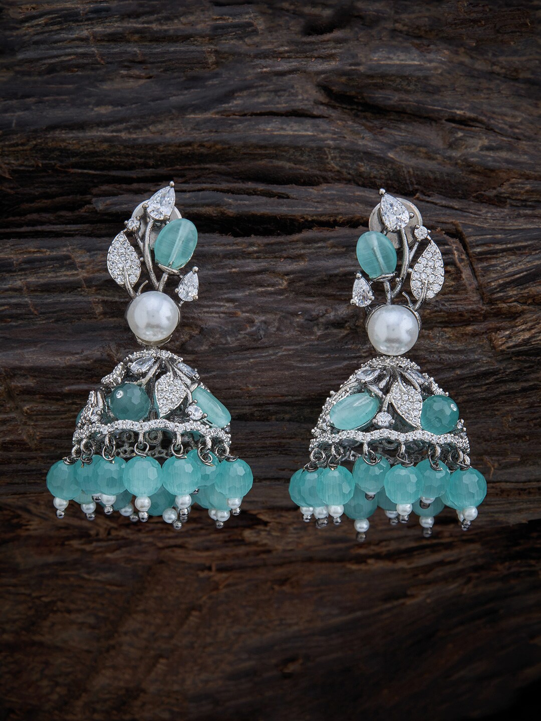 

Kushal's Fashion Jewellery Rhodium-Plated Floral Jhumkas Earrings, Sea green