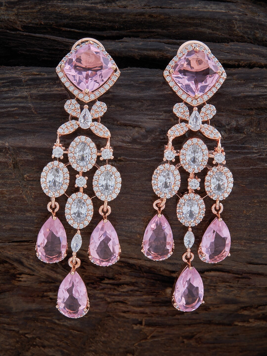 

Kushal's Fashion Jewellery Rose Gold-Plated Cubic Zirconia Teardrop Shaped Drop Earrings, Pink
