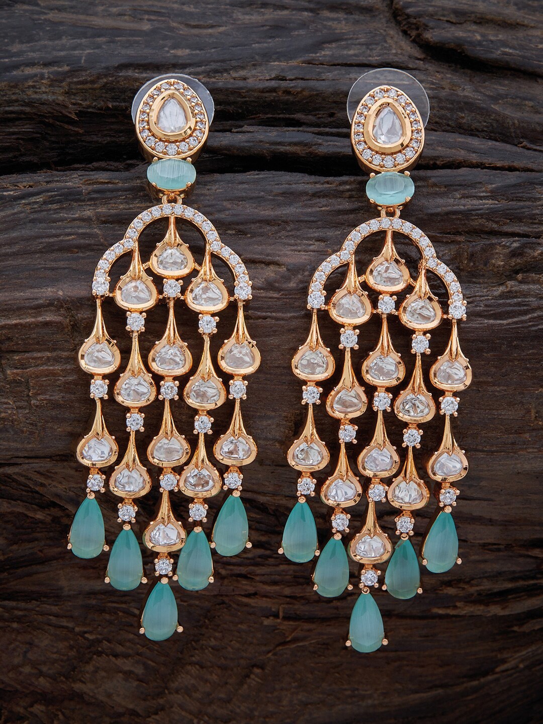 

Kushal's Fashion Jewellery Gold-Plated Kundan Teardrop Shaped Drop Earrings, Sea green