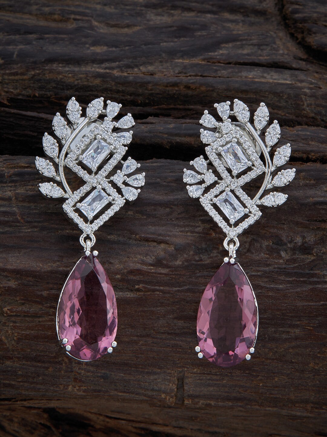 

Kushal's Fashion Jewellery Rhodium-Plated Cubic Zirconia Teardrop Shaped Drop Earrings, Purple