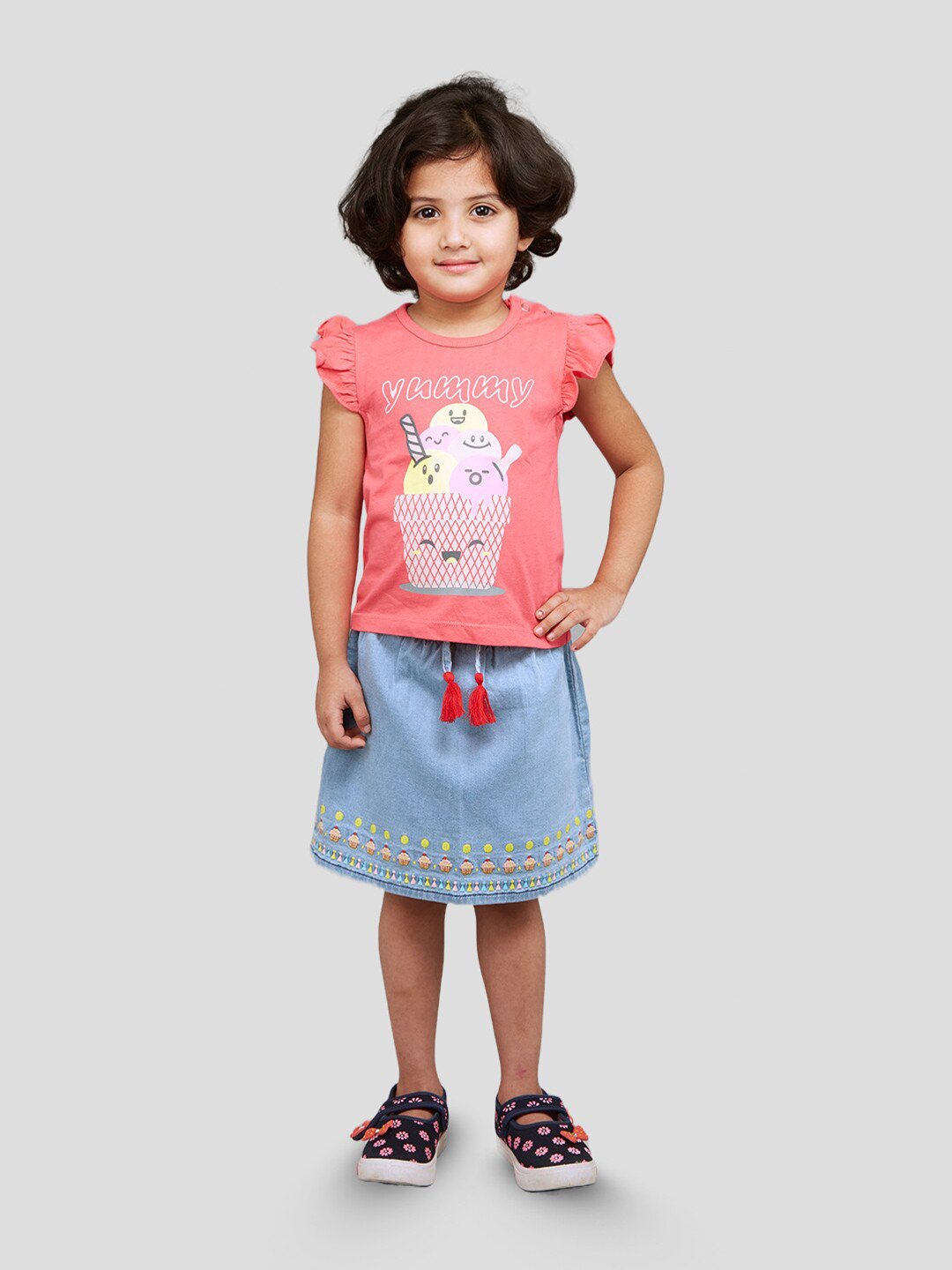 

Zalio Girls Graphic Printed Pure Cotton T-shirt with Skirt, Pink