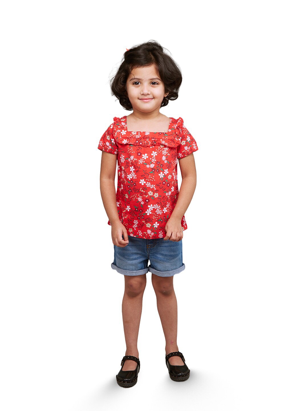 

Zalio Girls Floral Printed Pure Cotton Top with Shorts, Red