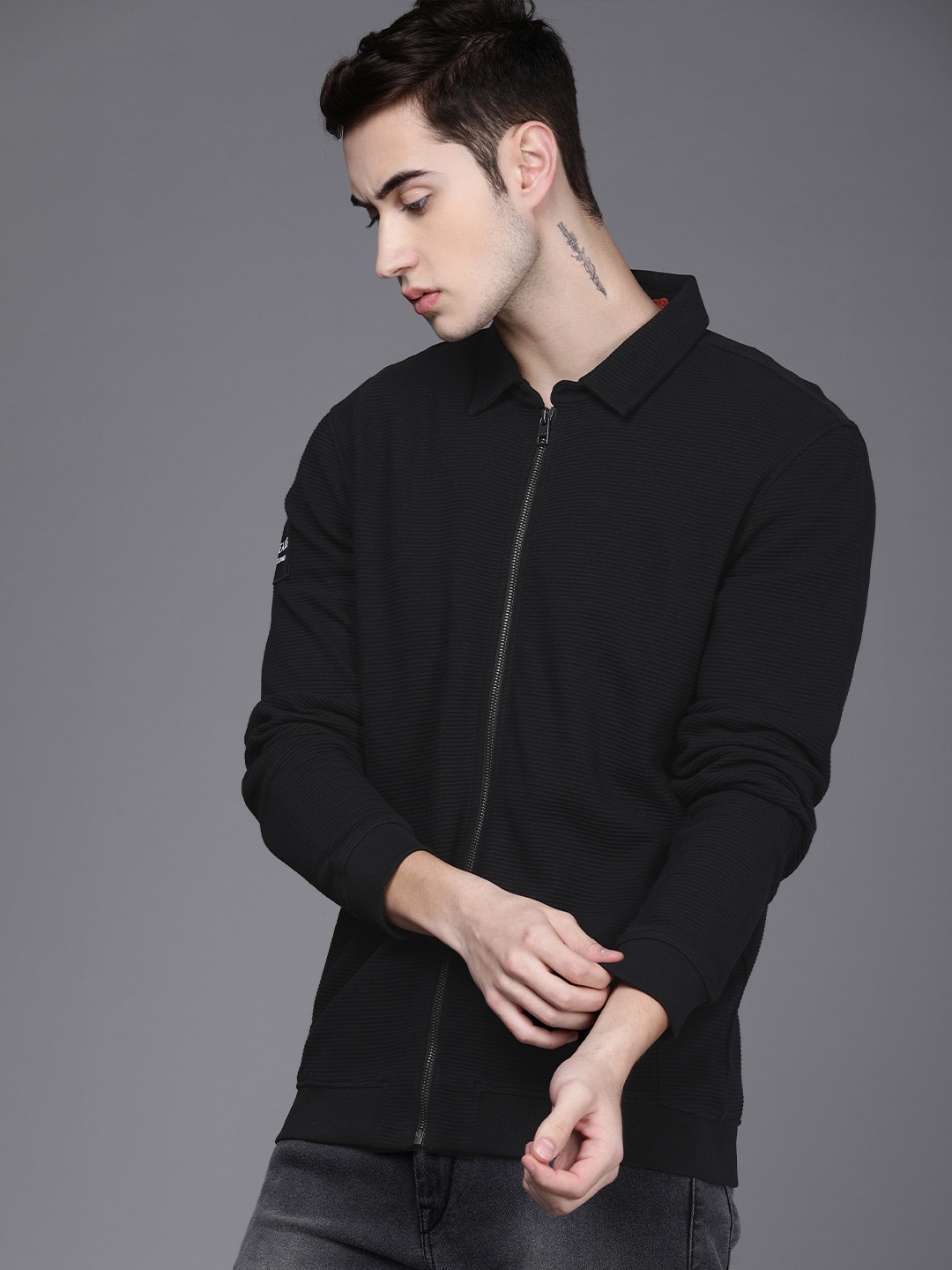 

Voi Jeans Men Front-Open Cotton Sweatshirt, Black