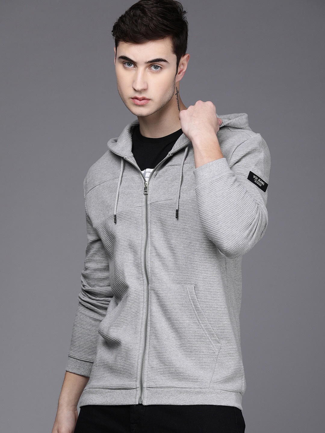 

Voi Jeans Men Front-Open Hooded Cotton Sweatshirt, Grey