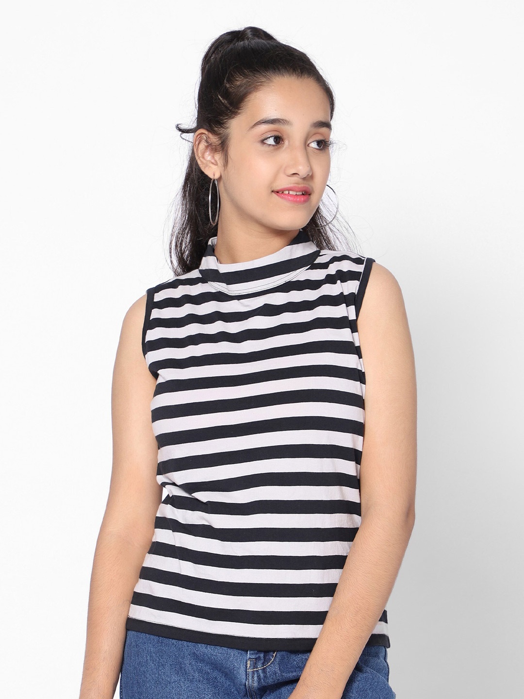 

TeenTrums Striped High Neck Cotton Top, Black