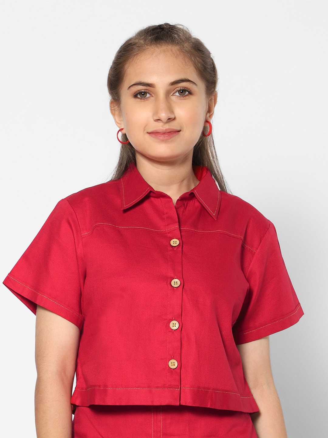 

TeenTrums Shirt Style Cotton Crop Top, Red