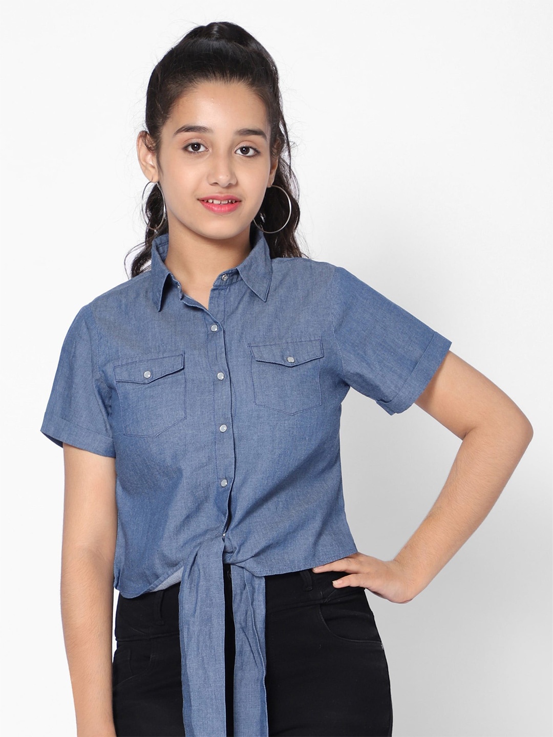 

TeenTrums Shirt Style Waist Tie-Up Cotton Crop Top, Blue