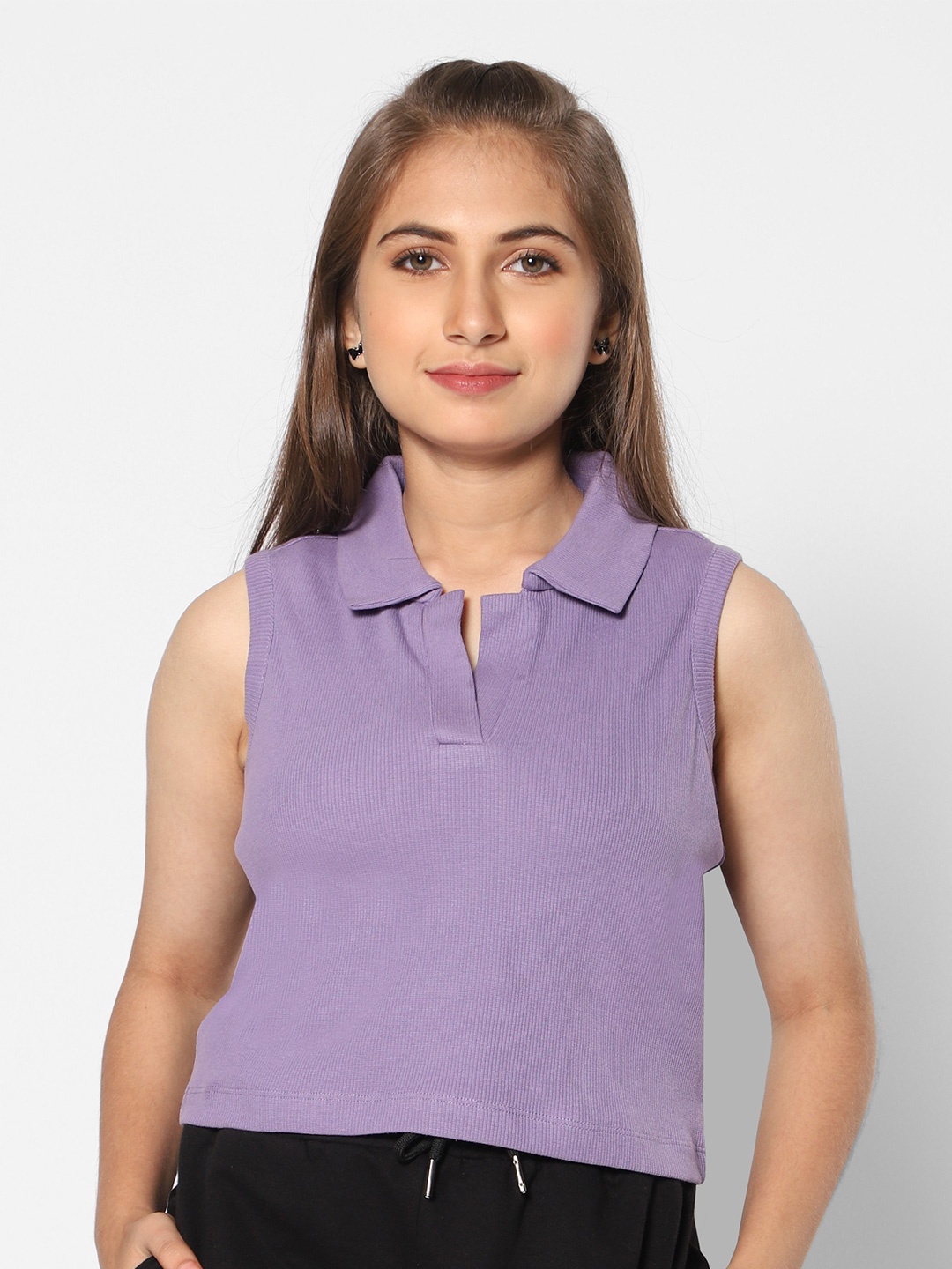 

TeenTrums Regular Shirt Style Collar Cotton Crop Top, Lavender