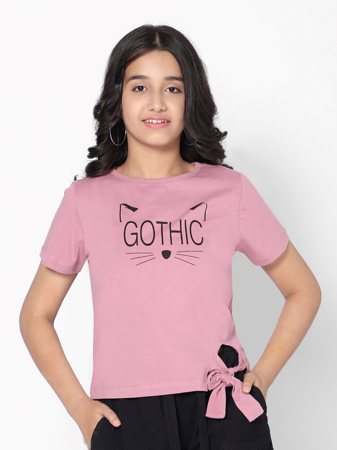 

TeenTrums Girls Typography Printed Cotton Tie-Up T-shirt, Pink