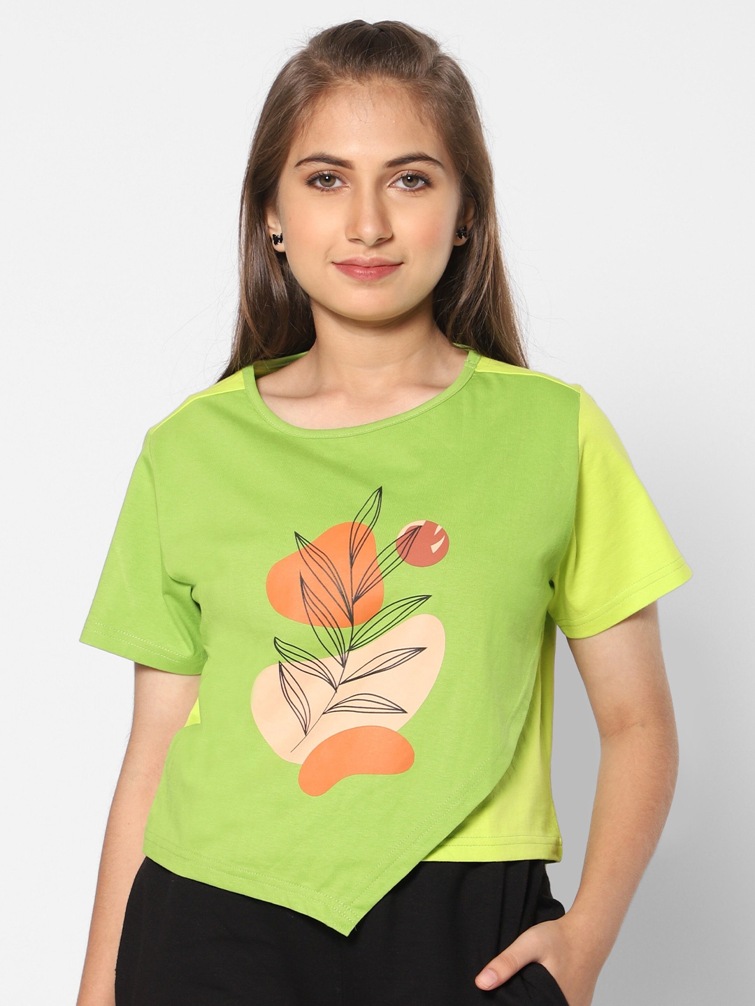 

TeenTrums Tropical Printed Layered Cotton Crop Top, Green