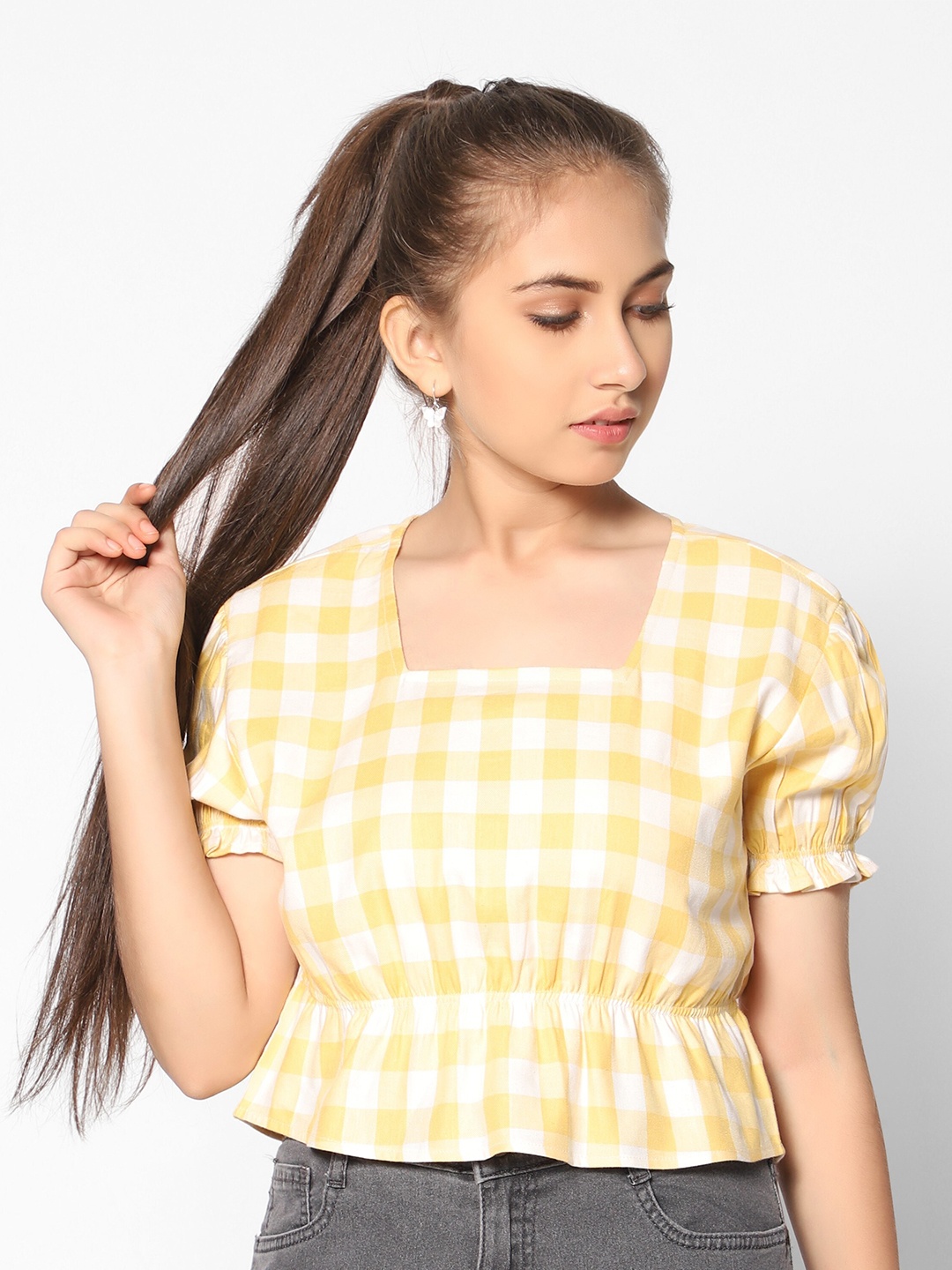 

TeenTrums Checked Cinched Waist Cotton Top, Yellow