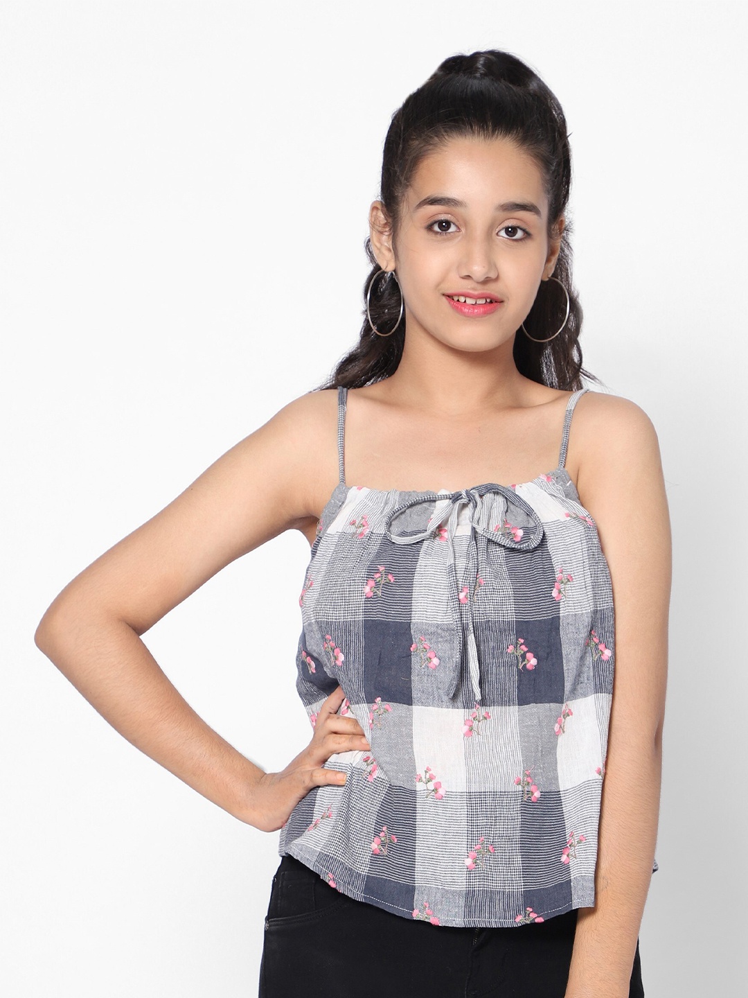 

TeenTrums Shoulder Strap Floral Embroidery Checked Cotton Top, Blue