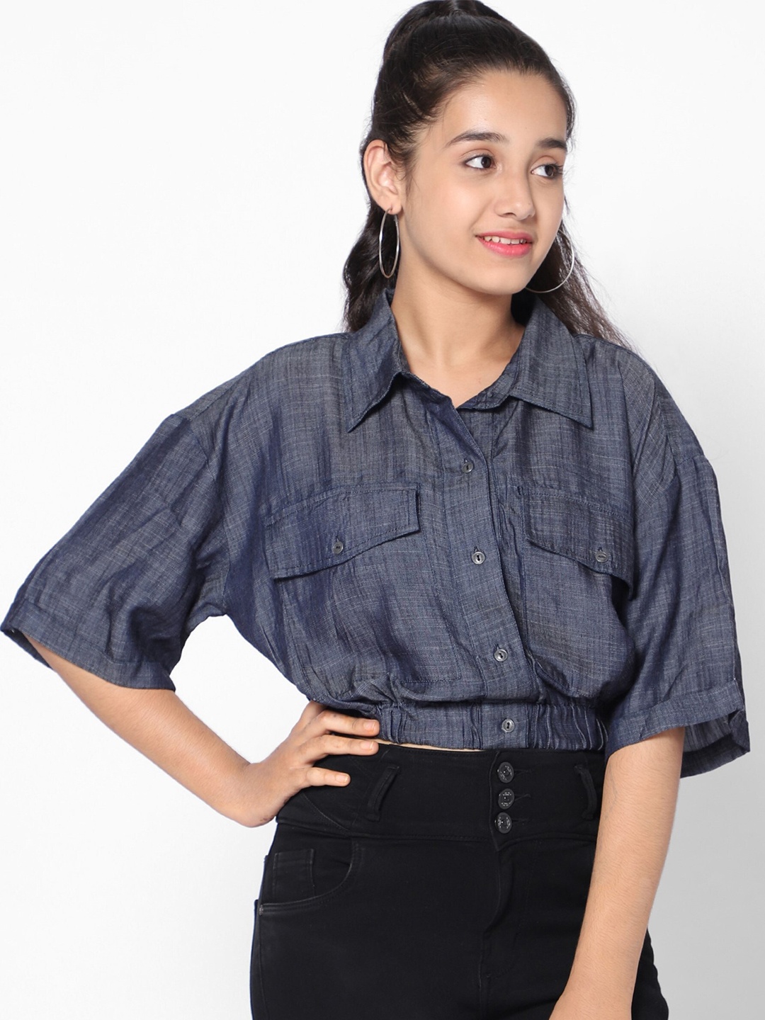 

TeenTrums Denim Shirt Style Crop Top, Grey