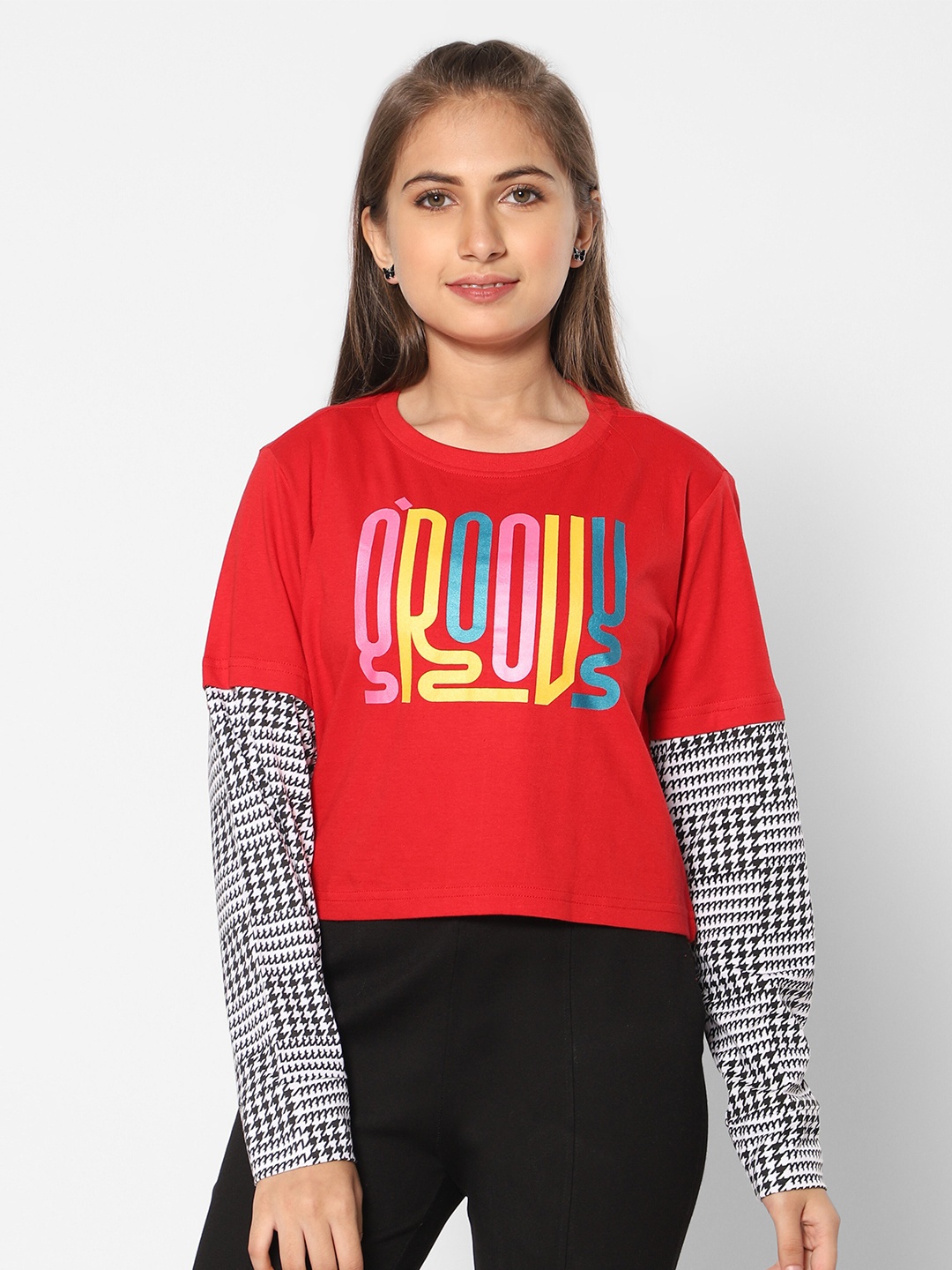 

TeenTrums Checked Sleeves Typography Print Cotton Top, Red