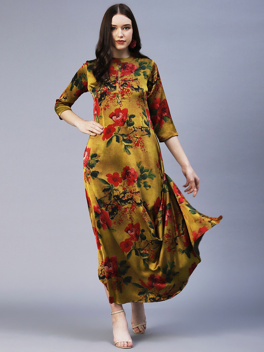 

Envy Me by FASHOR Floral Printed Satin Maxi Dress, Mustard