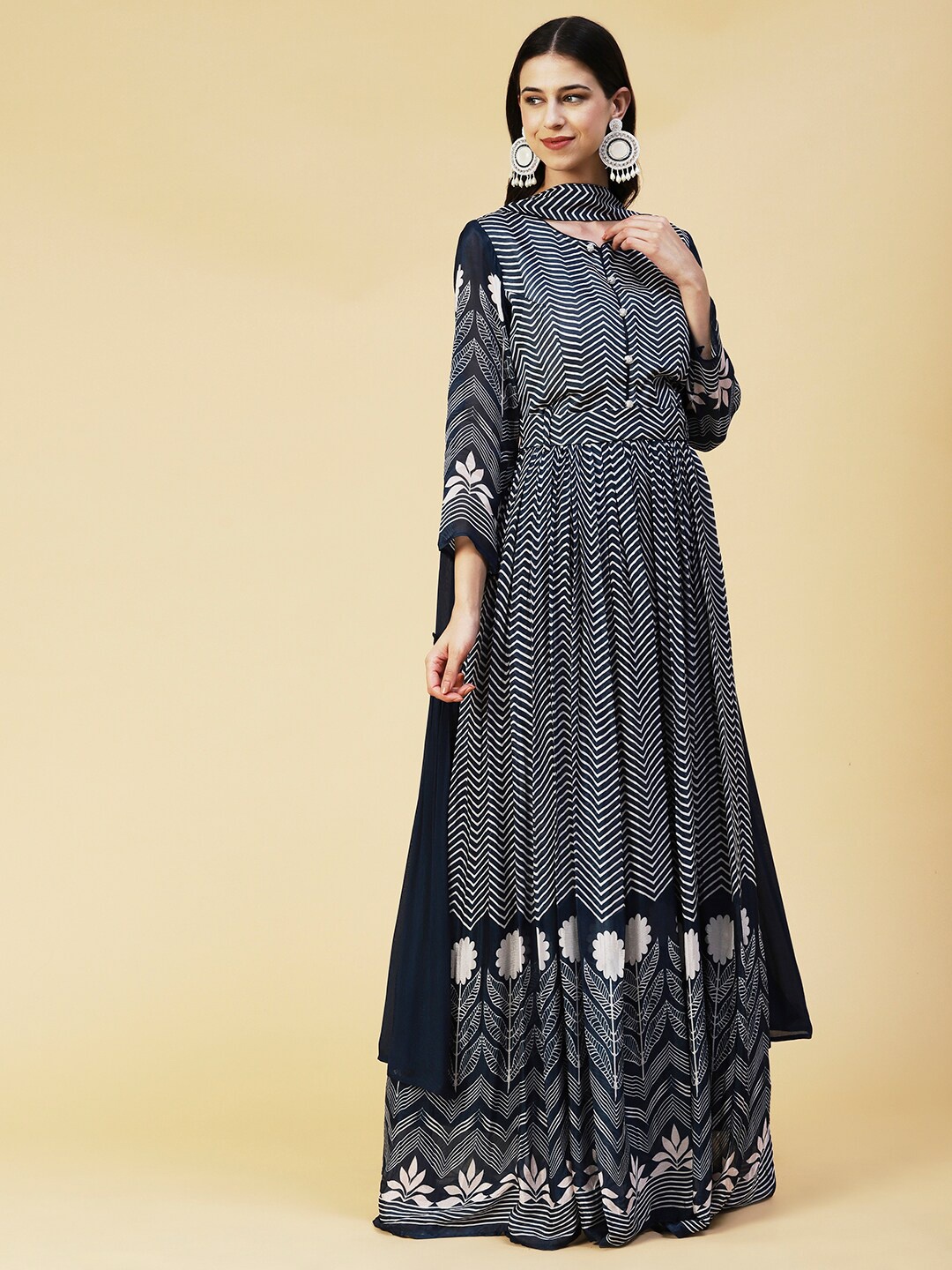 

Envy Me by FASHOR Ethnic Motifs Chiffon Maxi Dress with Choker Dupatta, Navy blue