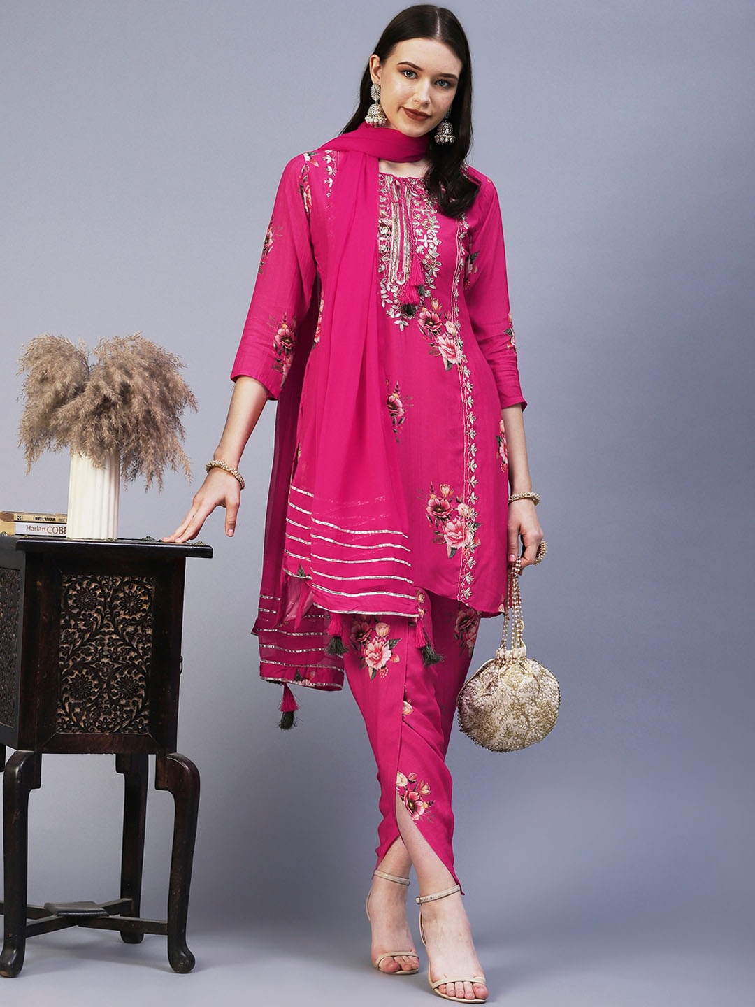 

Envy Me by FASHOR Floral Printed Kurta with Dhoti Pants & Dupatta, Fuchsia