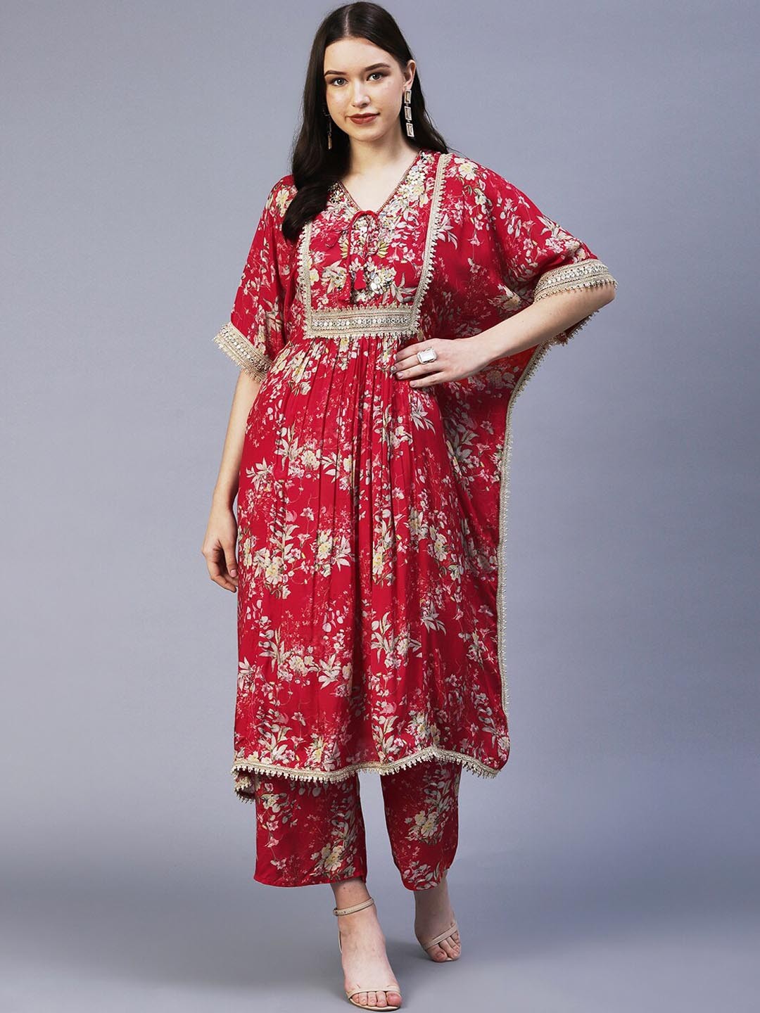 

Envy Me by FASHOR Women Red Floral Printed Mirror Work Kurta with Palazzos