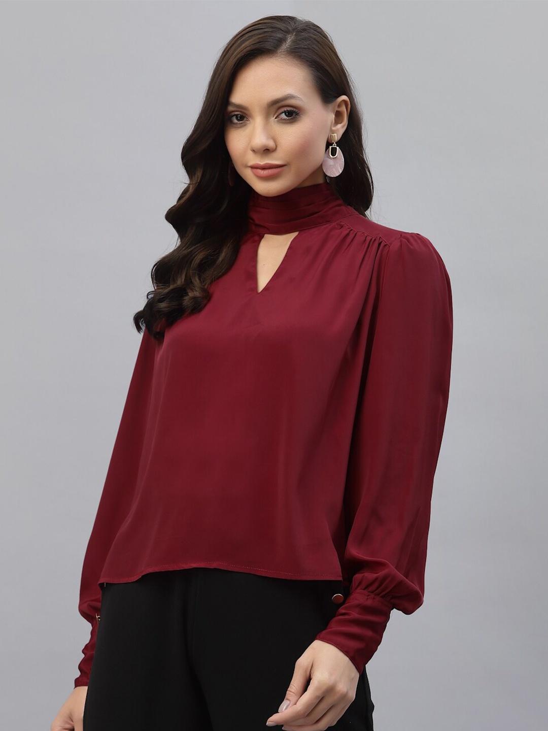 

aayu High Neck Cuffed sleeve Top, Maroon