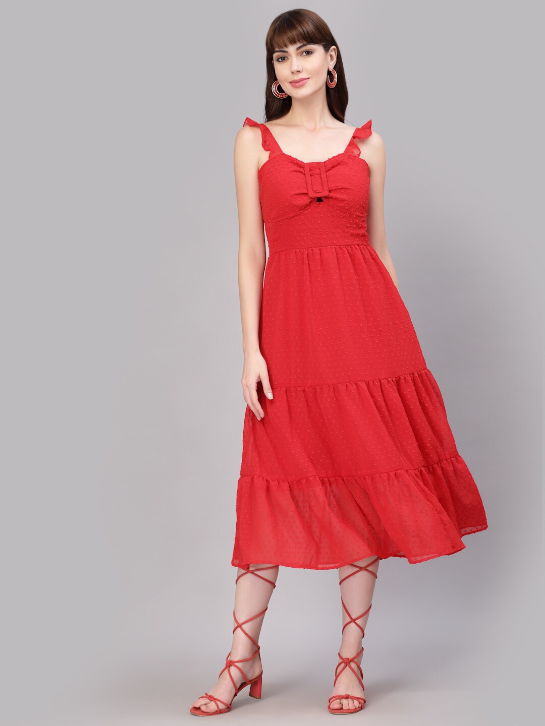 

aayu Georgette Fit And Flare Tiered Midi Dress, Red