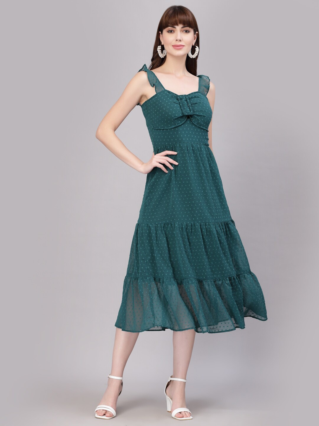 

aayu Georgette Fit And Flare Tiered Midi Dress, Green