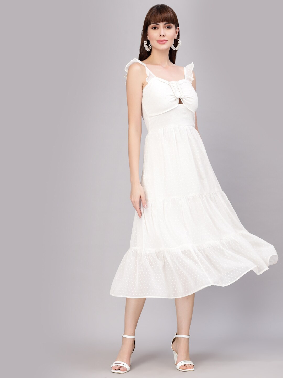 

aayu Georgette Fit And Flare Tiered Midi Dress, White