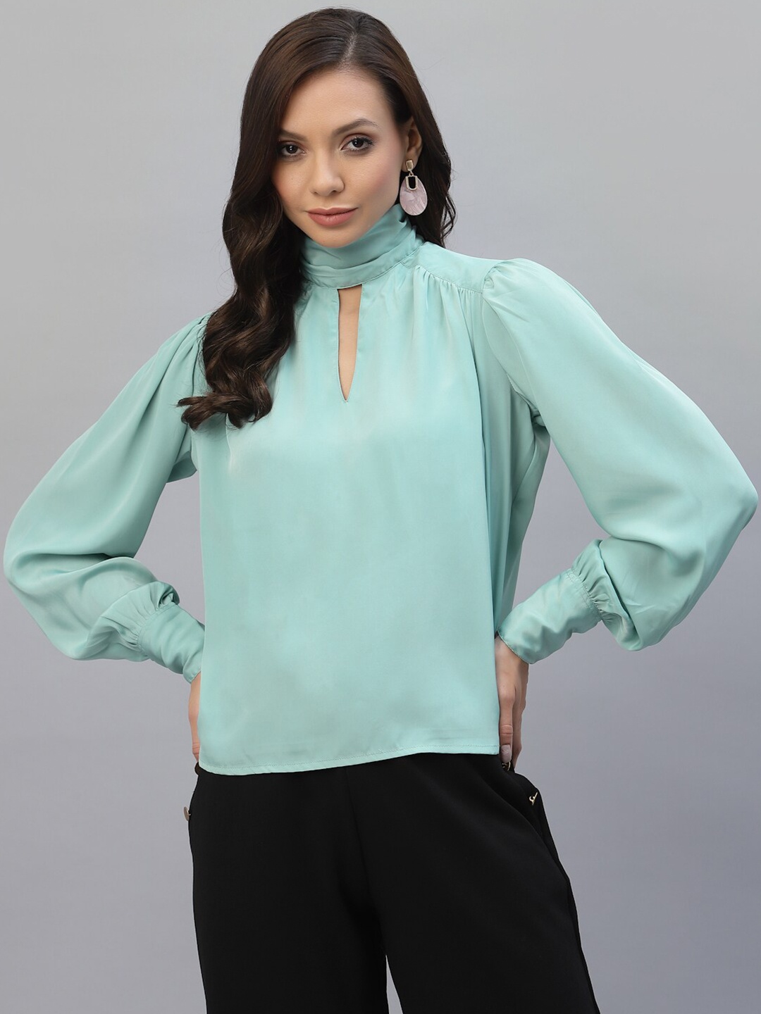 

aayu Lime Turtle Neck Cuffed Sleeves Top, Sea green